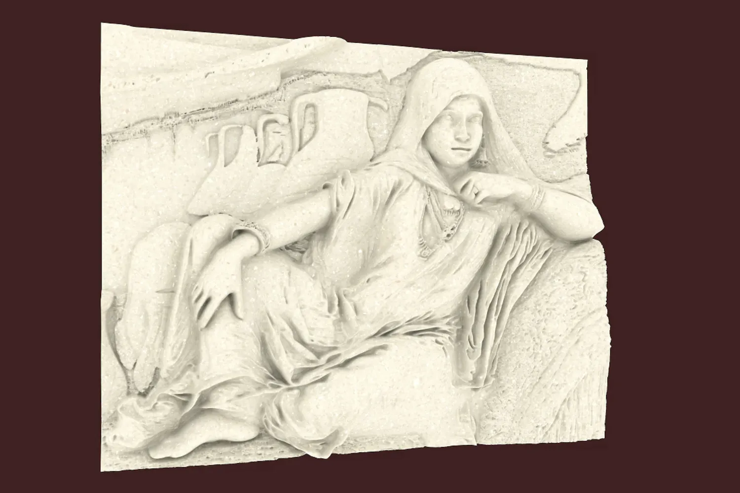 The tactile relief of An Egyptian Pot Seller at Gizeh, where the depth of the motif is translated into differences in height you can feel.